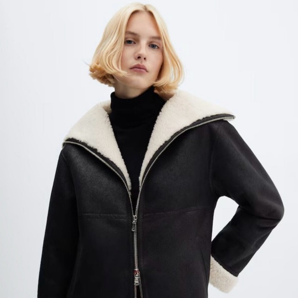 Mango Faux Shearling Faux Leather Black and Cream Coat - Picture 4 of 10